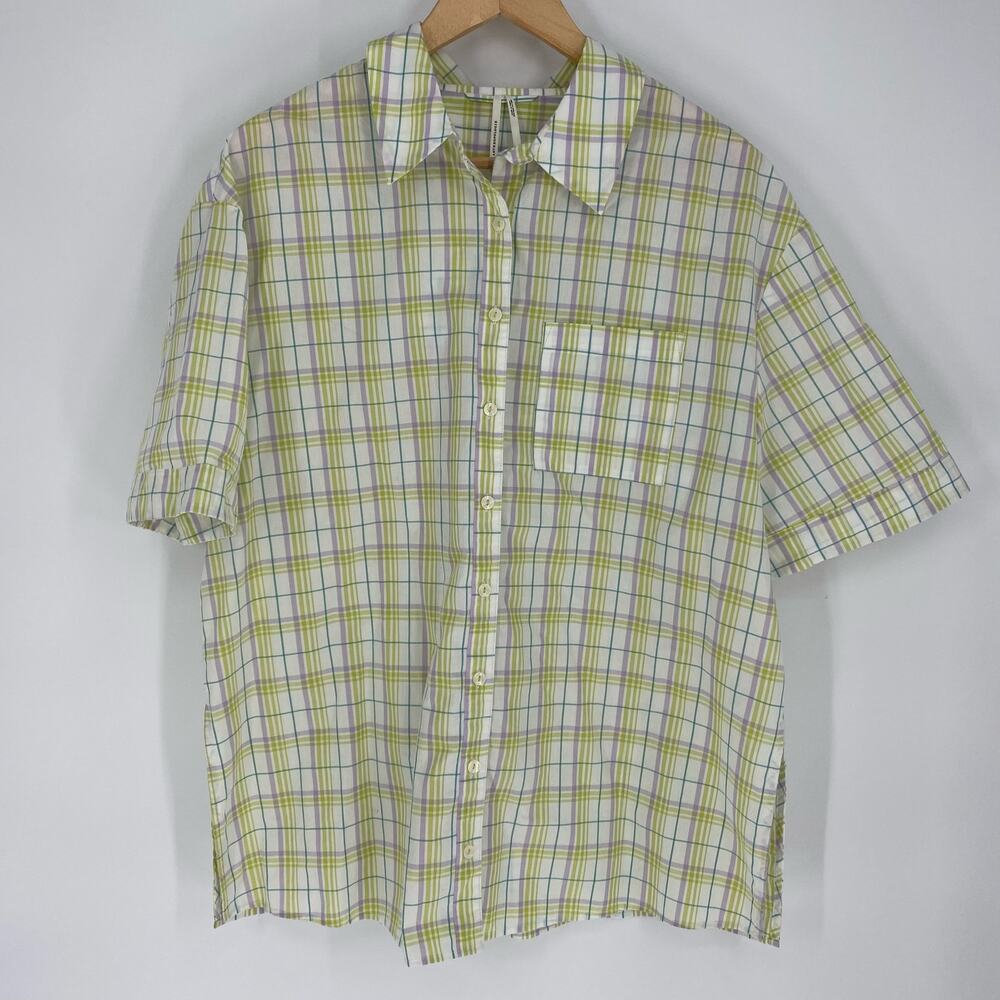 Anthropologie Pajama Top Small Purple & Green Plaid Oversized Button Up